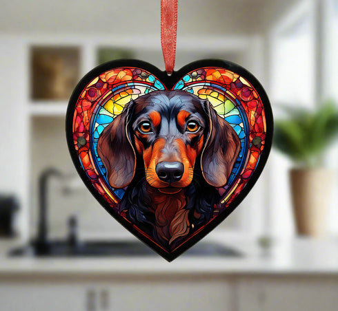 Dachshund Black Stained Glass Effect Heart Suncatcher